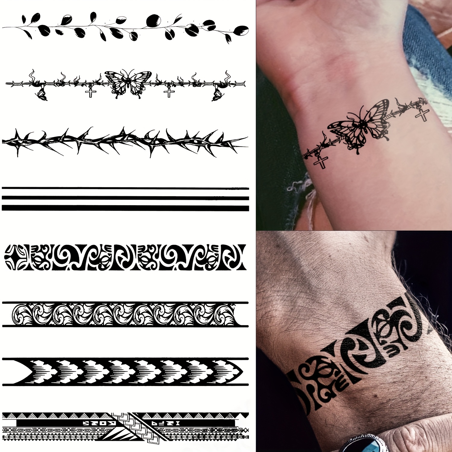 * Arm Band Temporary Tattoo - 8 Pack Super Long Size, Realistic \u0026 Boho *  Maori Style * Tattoos, ArmBand Tattoos for Wrist, Ankle Circle, Barbed Wire, image size:1500x1500