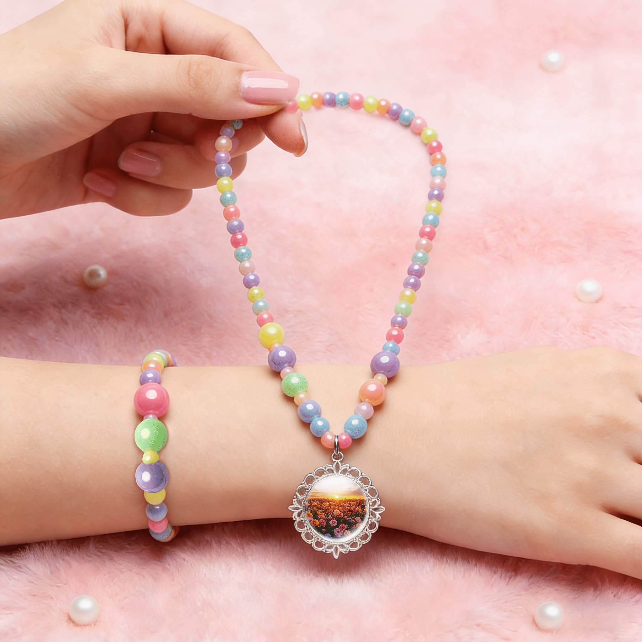 2pcs Women's Cute Necklace & Bracelet Set, Random Colours