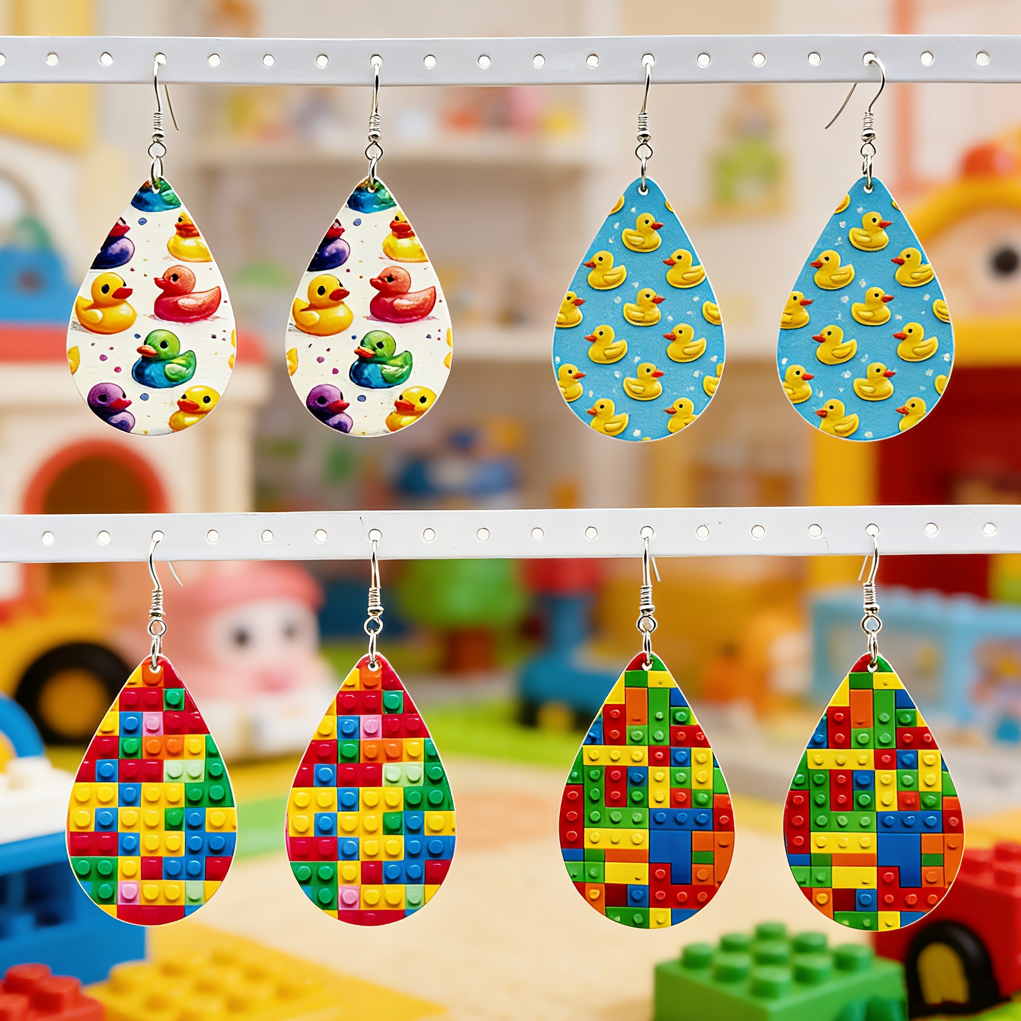 TEMU 4 Pairs Of Cute And Novel Teardrop-printed Earrings With Fun Building Block-designed Pendants, Birthday Gifts, Parties, And Daily Wear