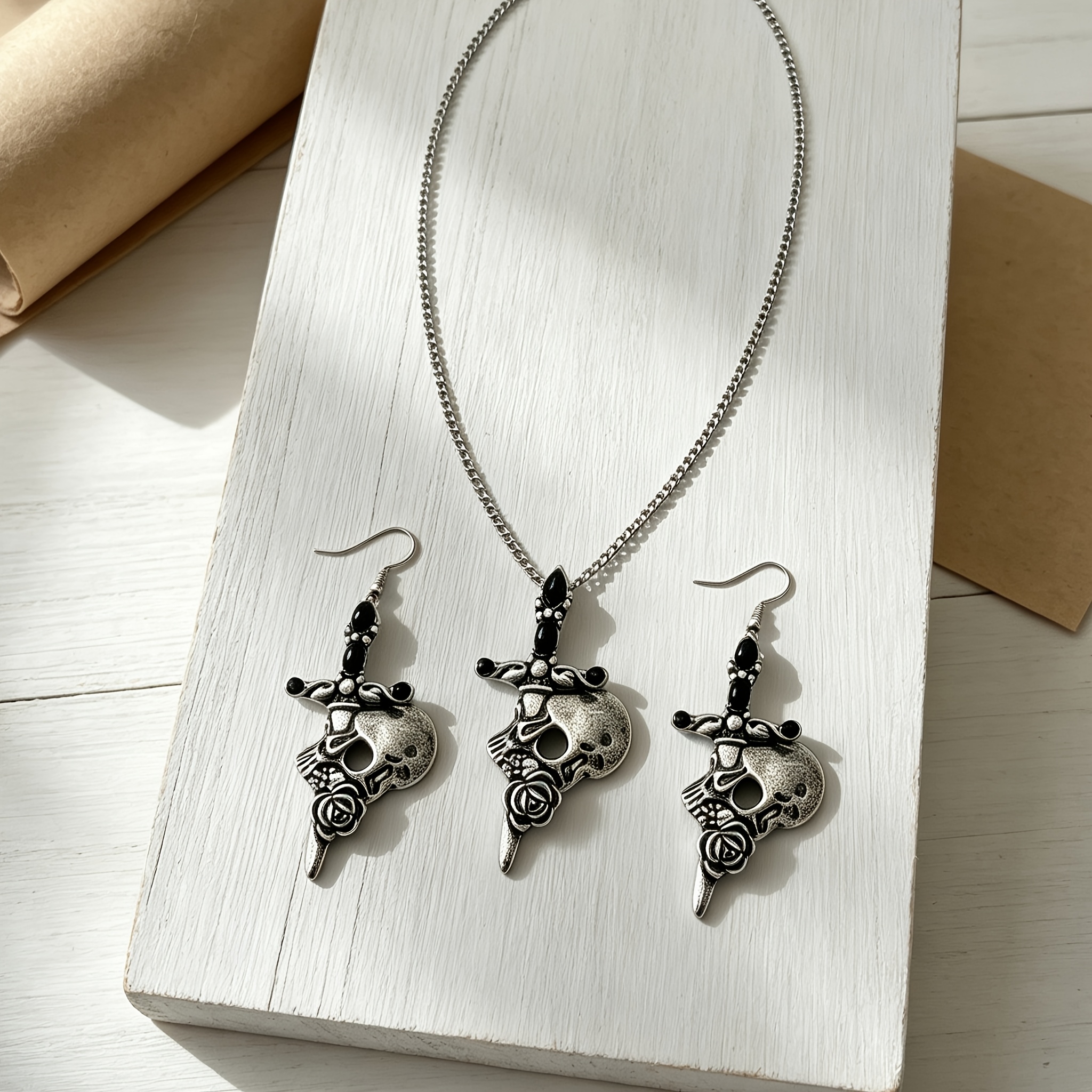 2pc Vintage Skull Rose Necklace and Earrings Set