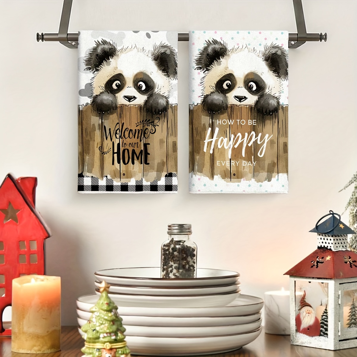 TEMU 2pcs Cute Panda Handdrawn Cartoon Kitchen Towels, Absorbent Polyester Dish Towels For Cooking, Baking, Housewarming Gifts, Cleaning And Bathroom