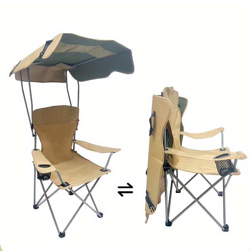 foldable camping chair with sunshade and armrest outdoor portable fishing picnic chair adult steel bracket durable oxford fabric seat cup holder leisure chair for bbq camp activities details 1
