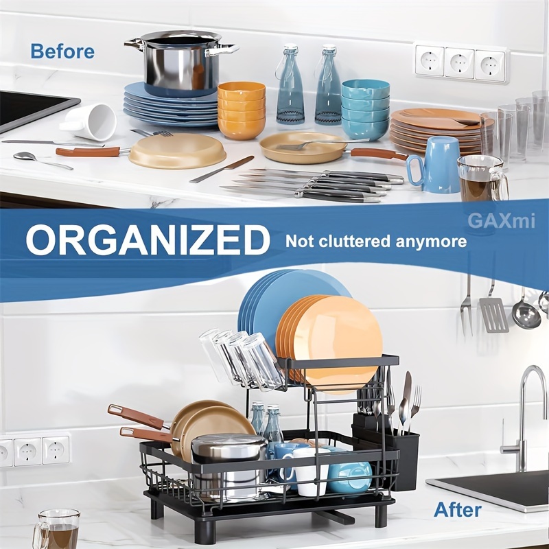2 tier dish drying rack large collapsible kitchen sink organizer   rack for kitchen countertop with utensil holder cup holder and chopping board holder Product details 1