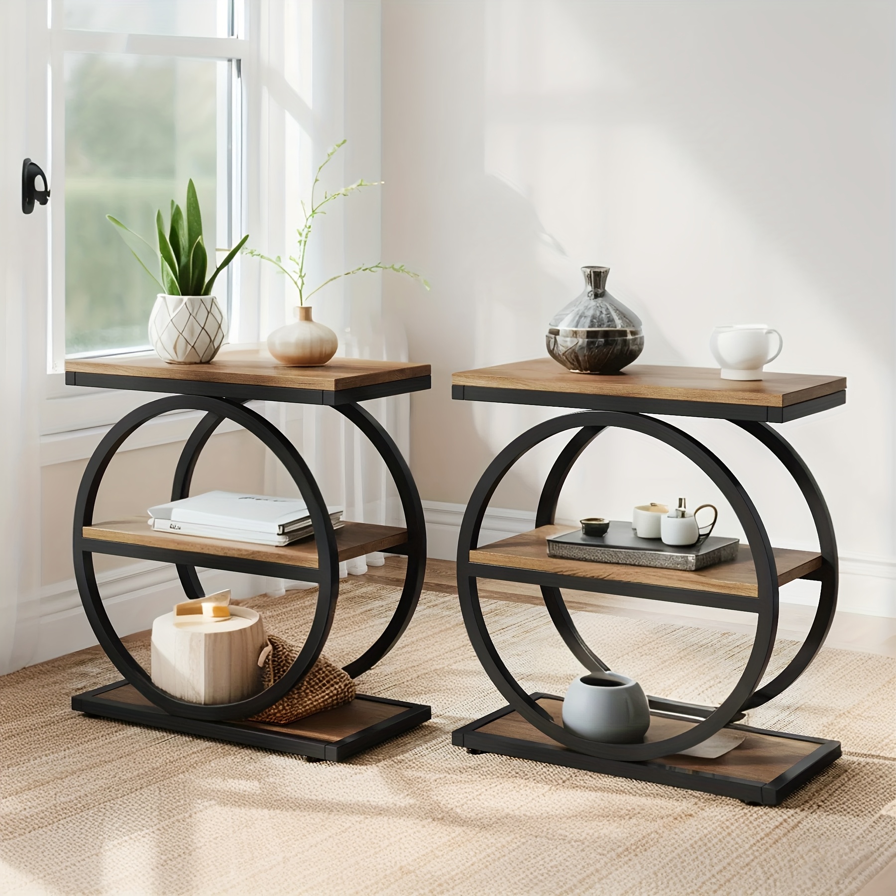 Vintage End Table Set Of 2, Narrow End Table with 3 Storage Shelves, Farmhouse Wooden Side Table, Industrial Small Sofa Side Table for Living Room, Modern Slim Nightstand And Bedside Table for Bedroom