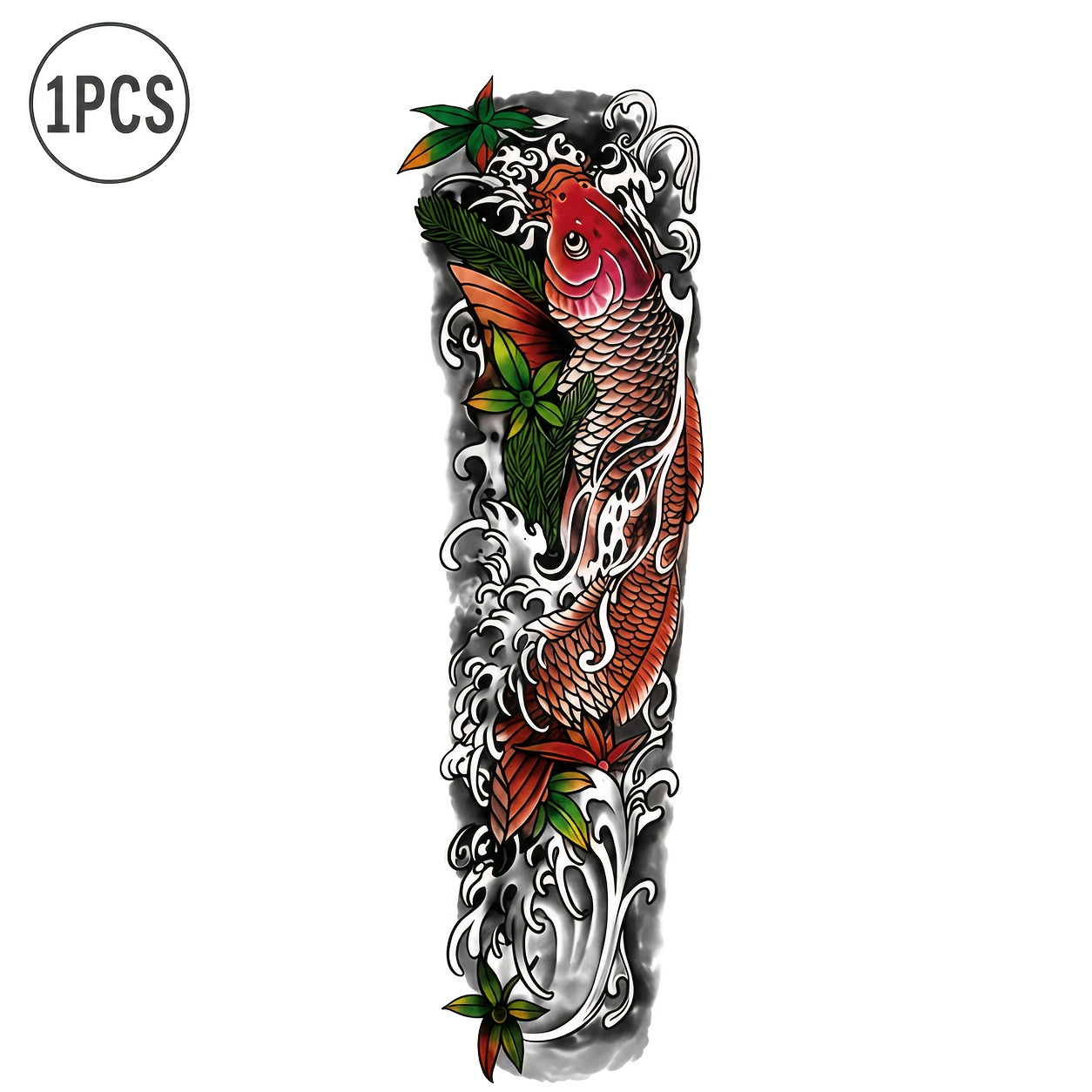 TEMU 1pc Koi Fish Full Arm Sleeve Temporary Tattoo Sticker, 18x58cm Waterproof Fake Tattoo For Men, Large Floral Art For Arm