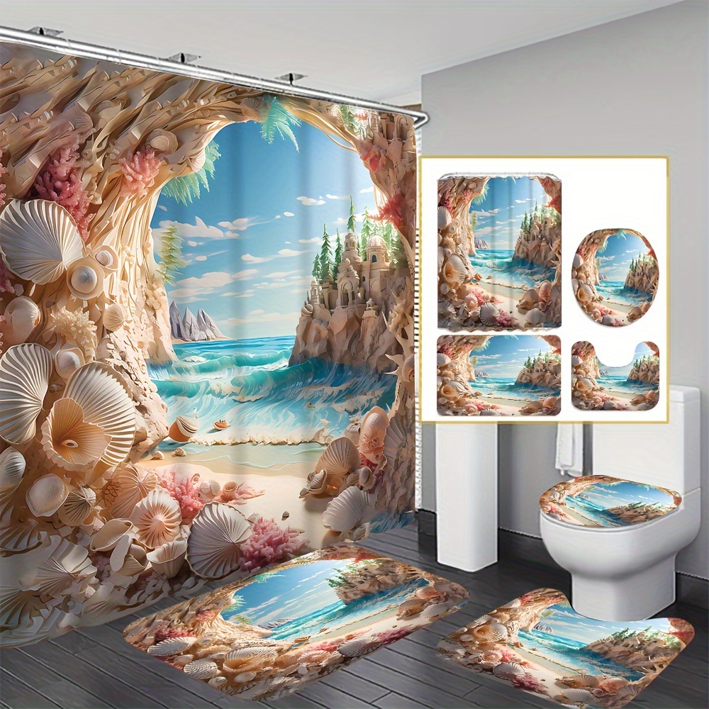 

1/4 Shower Curtain Set, Bathroom Set Including Shower Curtain, Mat, Toilet , Bathroom Mat And 12 Plastic , Bathroom Accessories,
