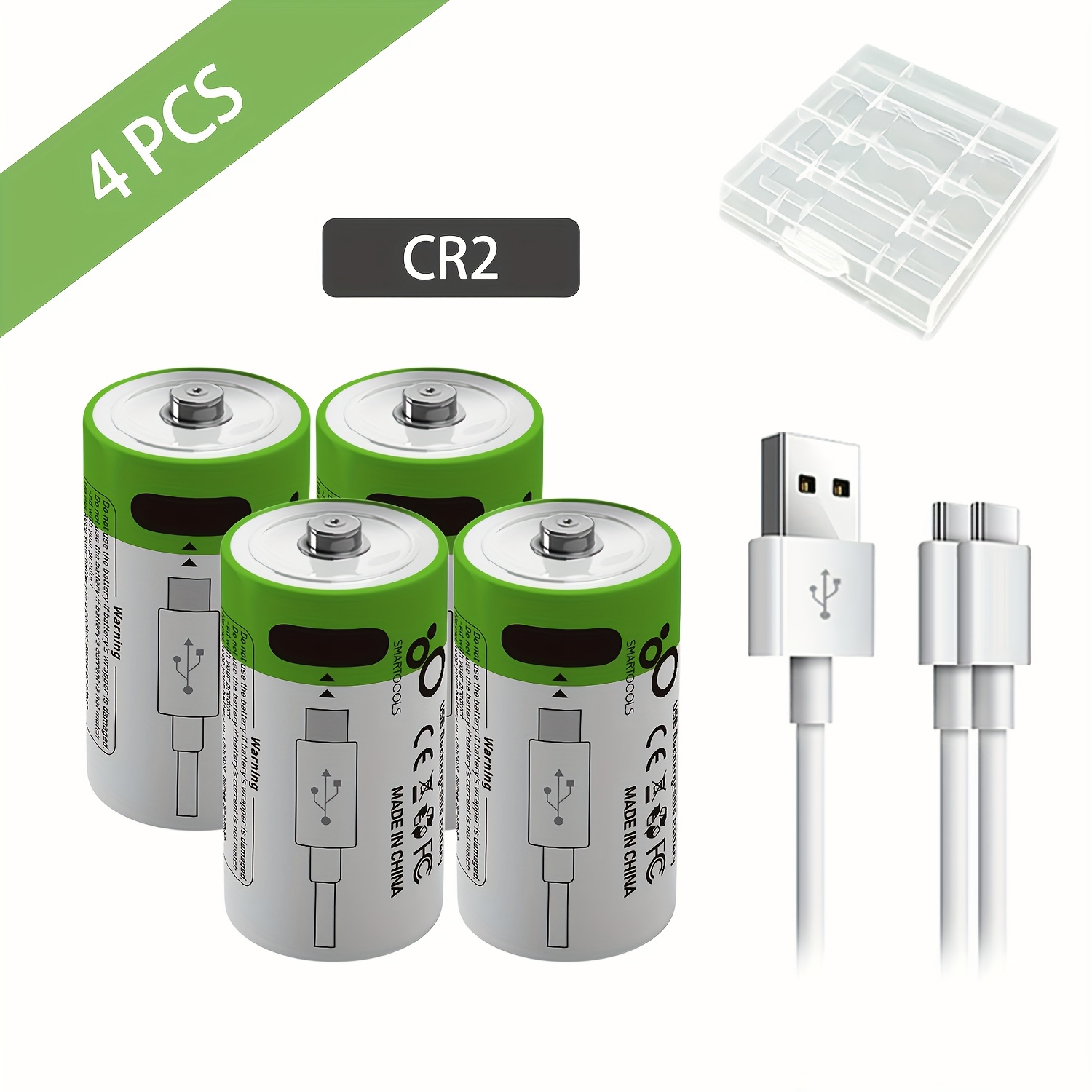 TEMU 4 piles rechargeables SMARTOOOLS CR2 avec câble de charge USB-C et boîte d'emballage - Haute capacité 1100mWh 300mah, 1200 cycles, Charge rapide
