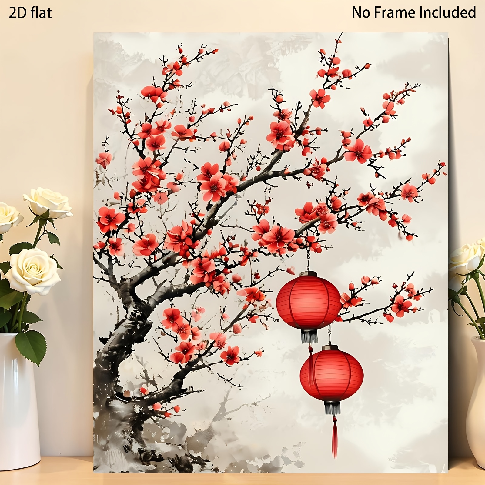 artikel foto [2d plat zonder lijst][professioneel kunstgebruik] 1   schilderen op nummer set voor volwassenen, decoratief schilderij van chinese pruimenbloesem met rode lantaarn, diy digitaal schilderen, geschikt voor muurdecoratie, schilderen op nummer set voor volwassenen, geschikt voor beginners, begin je