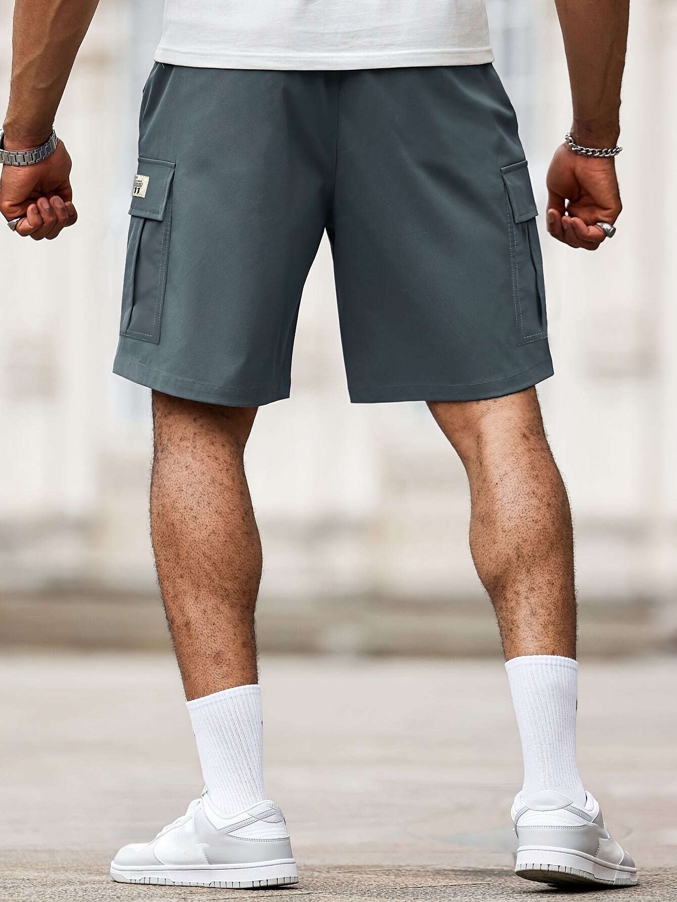 Men's Work Pants with Letter Patches, Flip Tops, Multiple Pockets, Drawstring Waist, Loose and Casual Shorts