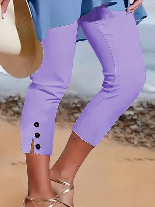 womens stretchy white capri pants with button details comfortable knit fabric casual wear style capri legging
