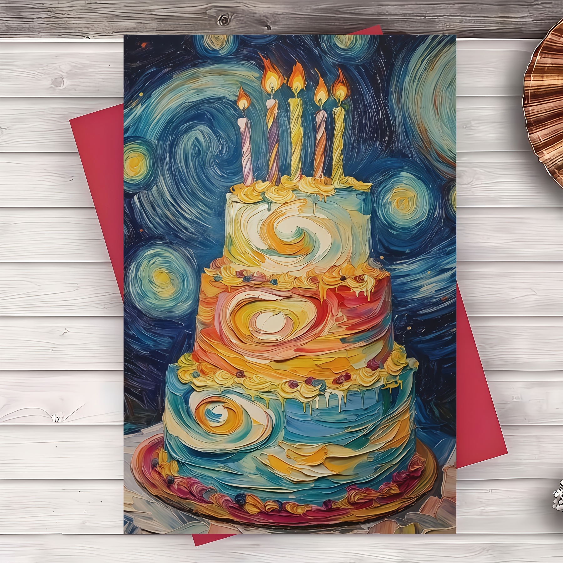 Happy Birthday Greeting Card, Van Gogh Starry Night Art Themed Birthday Card, Oil Painting Cake Aesthetic Blessing Gift Card for Friend Family