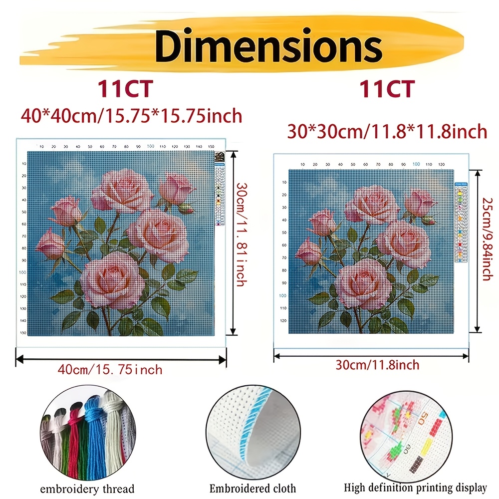 DIY Cross-Stitch Printed Kit, Blue Background with Pink Roses