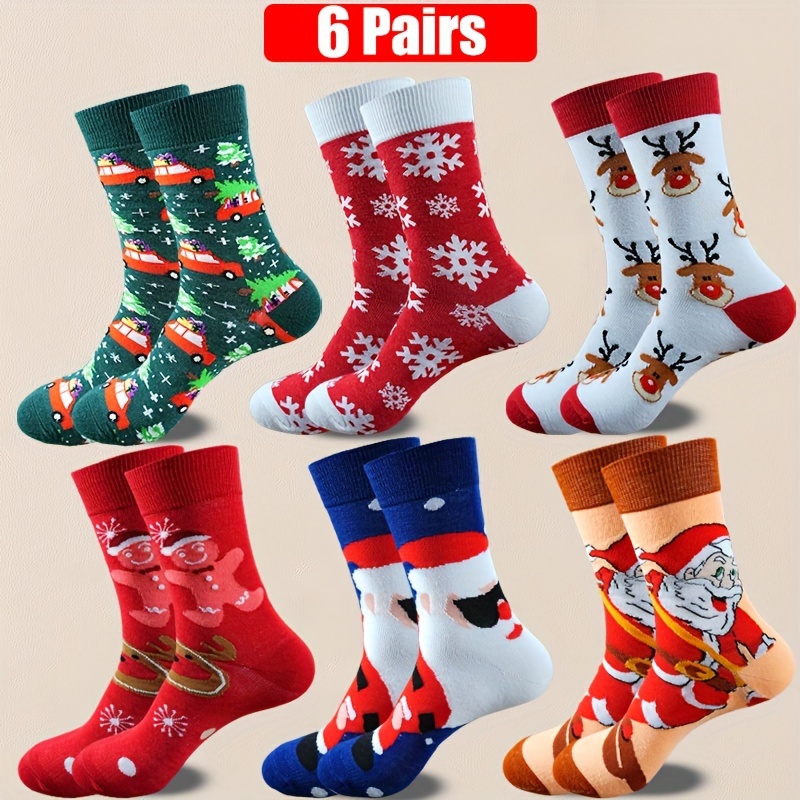 Image of 6 Pairs Of Unisex Autumn And Winter Christmas Socks Featuring Santa Claus, Christmas Trees, And Snowflakes, Perfect Warm Gifts For During The