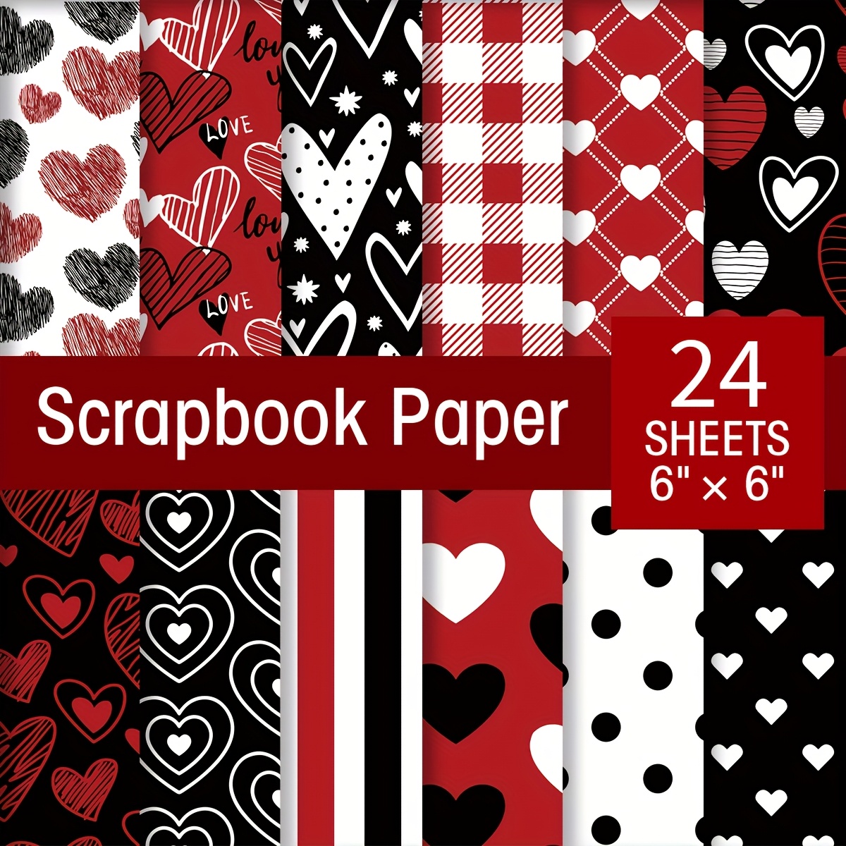 

12 Designs Paper Pack, 24 Sheets Heart Love Paper, Red Decorative Craft Paper For Card Making , Inch