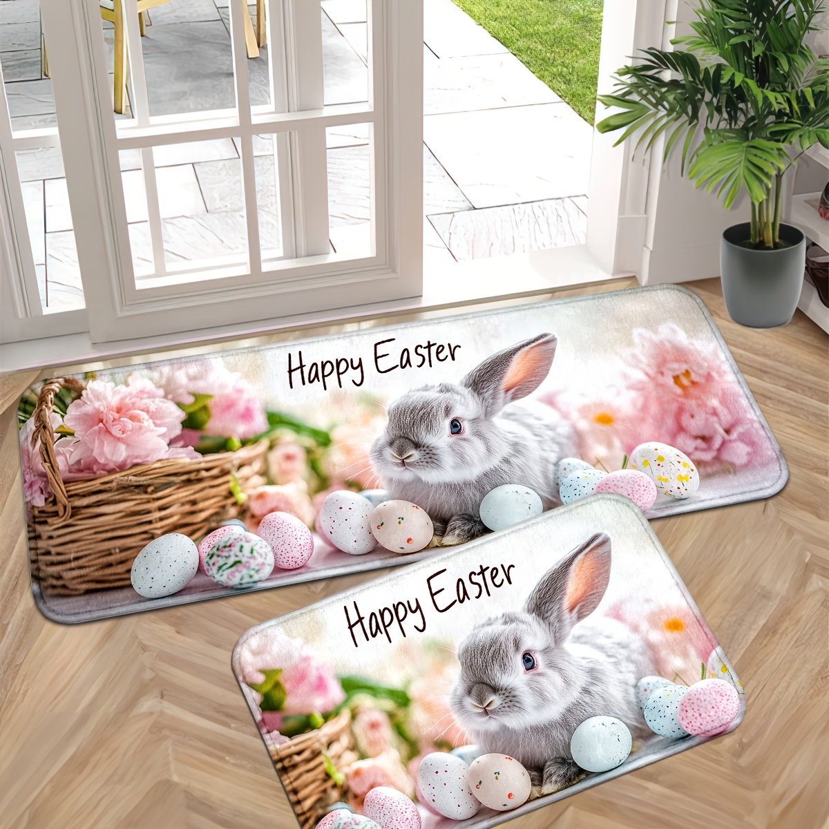 

Easter Bunny & Wildflowers Doormat, Polyester, Machine Washable, Non-slip, Lightweight, Rectangular Indoor Entrance Rug, For Kitchen, Bathroom, Spring Holiday Decor