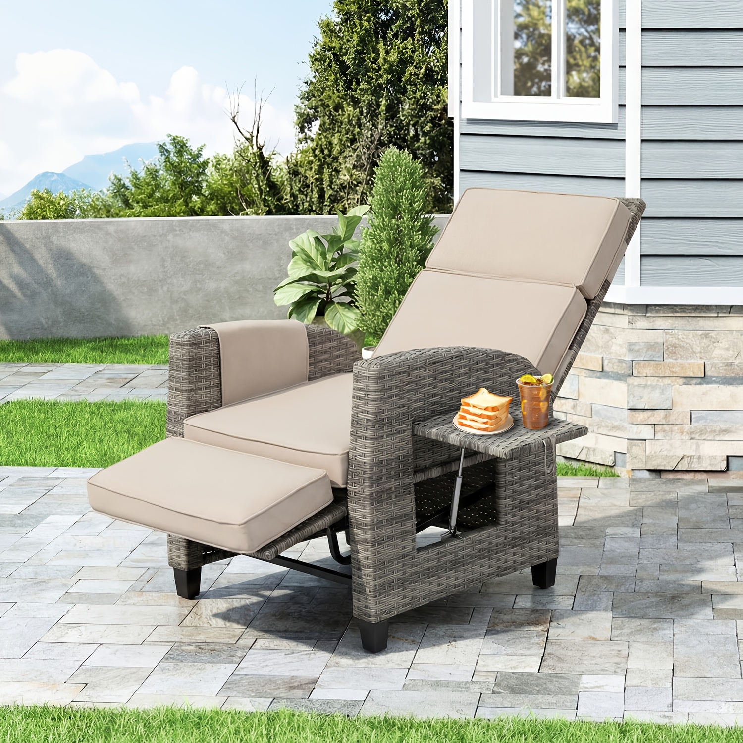 TEMU Outdoor Patio Recliner Chair, Independent Adjustable Backrest Up To Lay Flat & Extended Footrest, Flip- Table, Removable Cushion, Wicker,