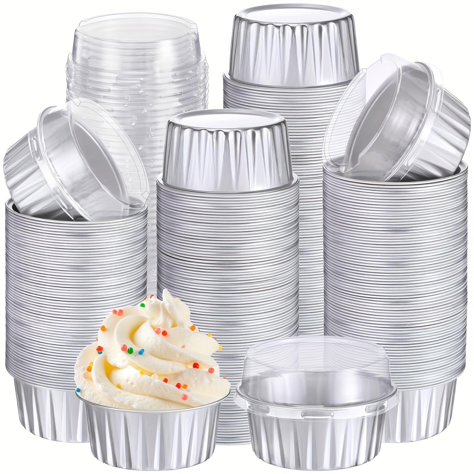 TEMU 400pcs Aluminum Foil Baking Cups 5 Oz Disposable Ramekins With Lids Mini Cupcake Liners Creme Brulee Muffin Pans Mold Dessert Tin Container For
