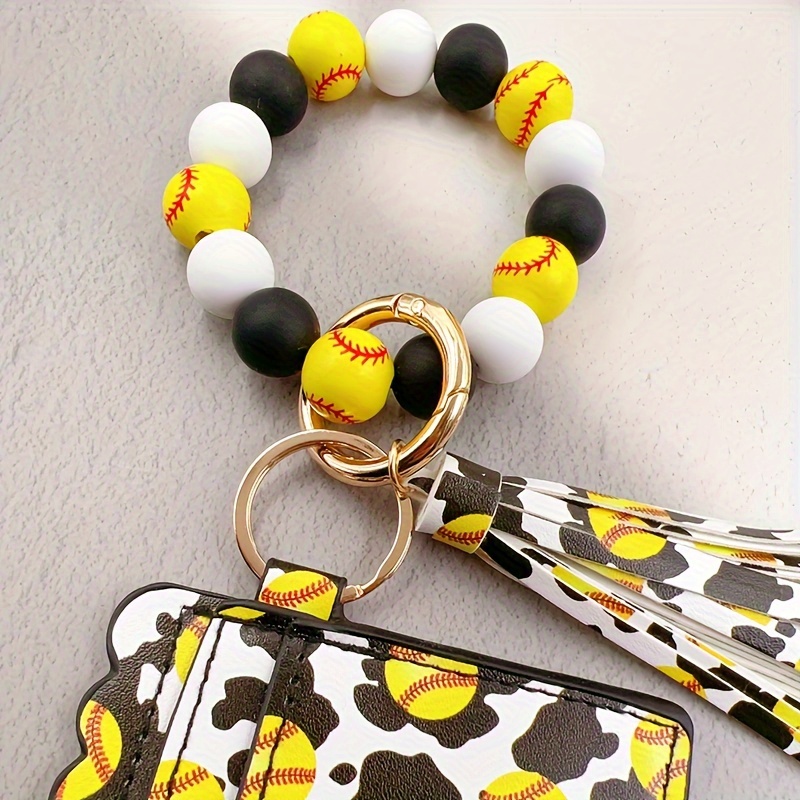 Sports Ball Silicone Wooden Beaded Wristlet Keychain Wallet Temu Australia
