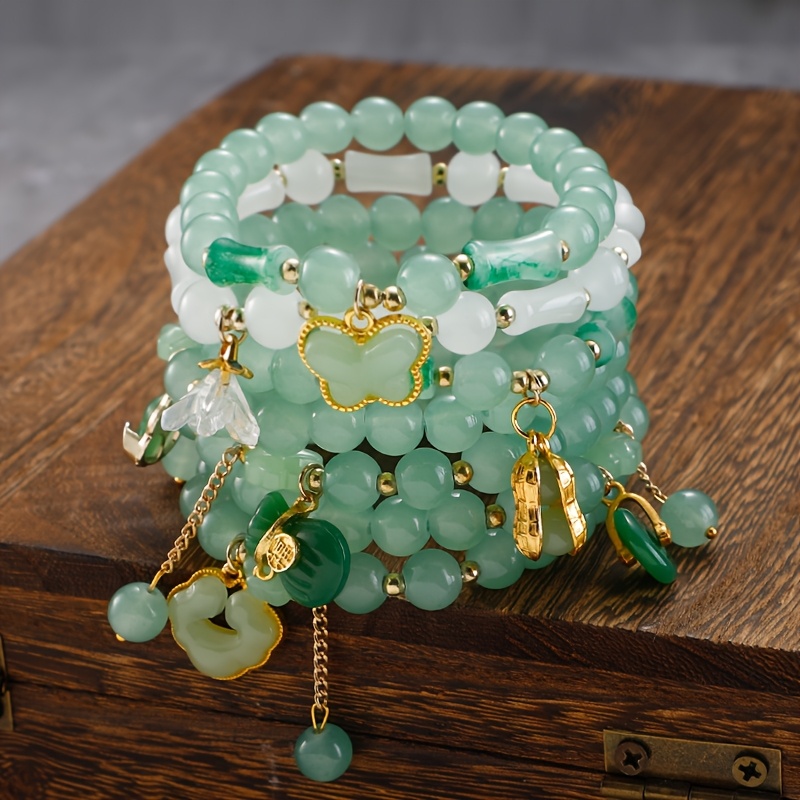 TEMU Pulsera de vidrio con borla de , un accesorio de cuentas verdes con un estilo de bosque chino
