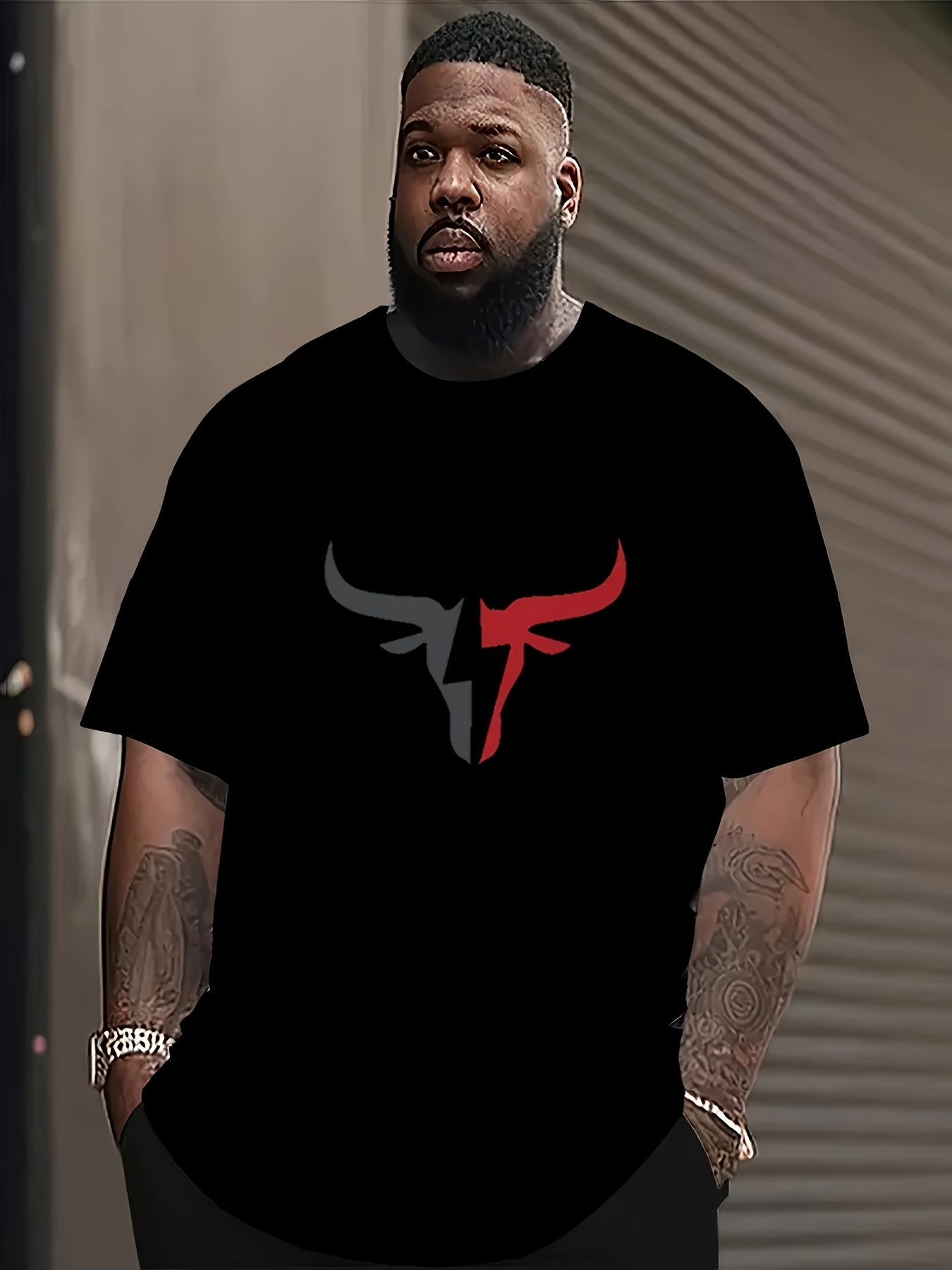 Plus Size Men's Cow Head Print T-shirt For Summer, Street Style Novelty Short Sleeve Tees