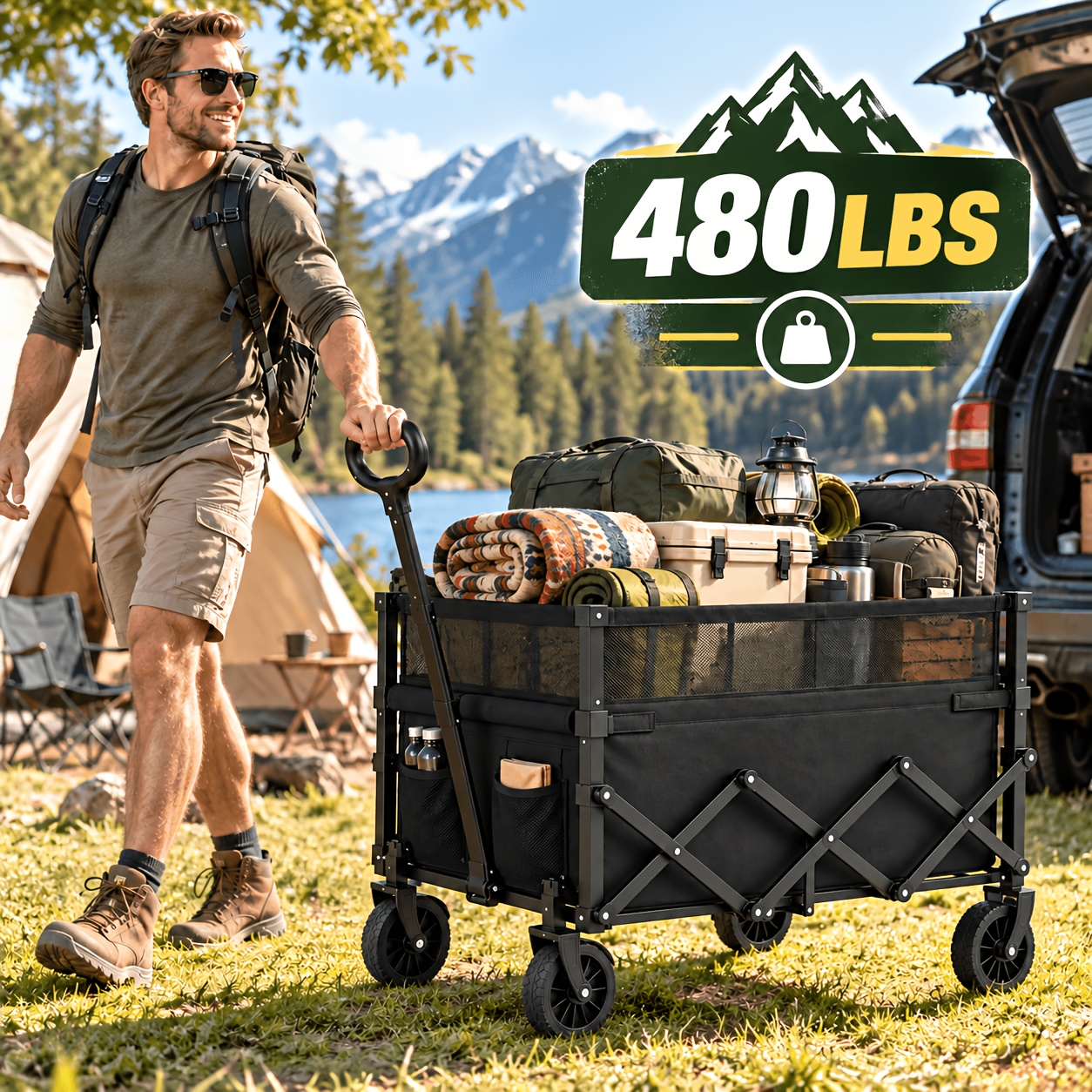 TEMU 100lbs/480lbs Collapsible Folding Wagon Cart, Heavy Duty Utility Wagon With Wheels, Large Capacity Portable Outdoor Wagon With Adjustable Handle