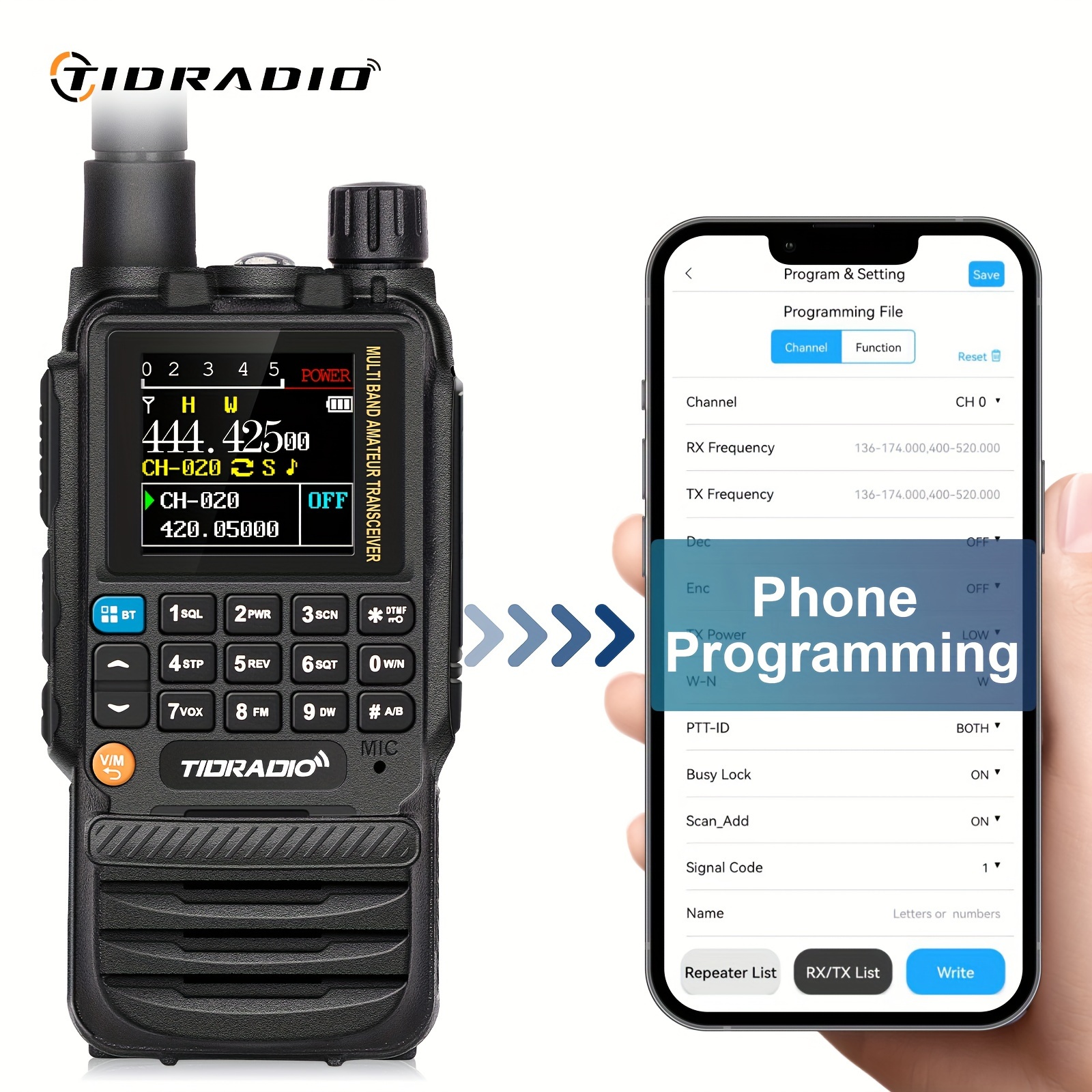 

Tidradio H3 Walkie Talkie Phone App Wireless Programming Dual Ptt Air Band Long Range Radio Usb Type-c Cable Programming &charge