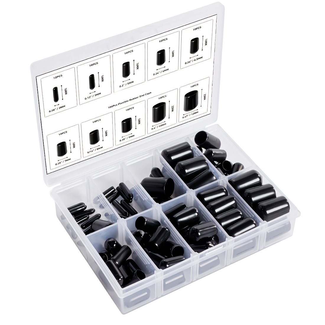 TEMU 100 Pezzi Terminali Flessibili 10 Misure Popolari Kit di Protezioni di per Tubi Bulloni (2Mm, 3Mm, 5Mm, 6Mm, 6.5Mm, 7Mm, 8Mm, 9Mm, 10Mm, 12Mm)