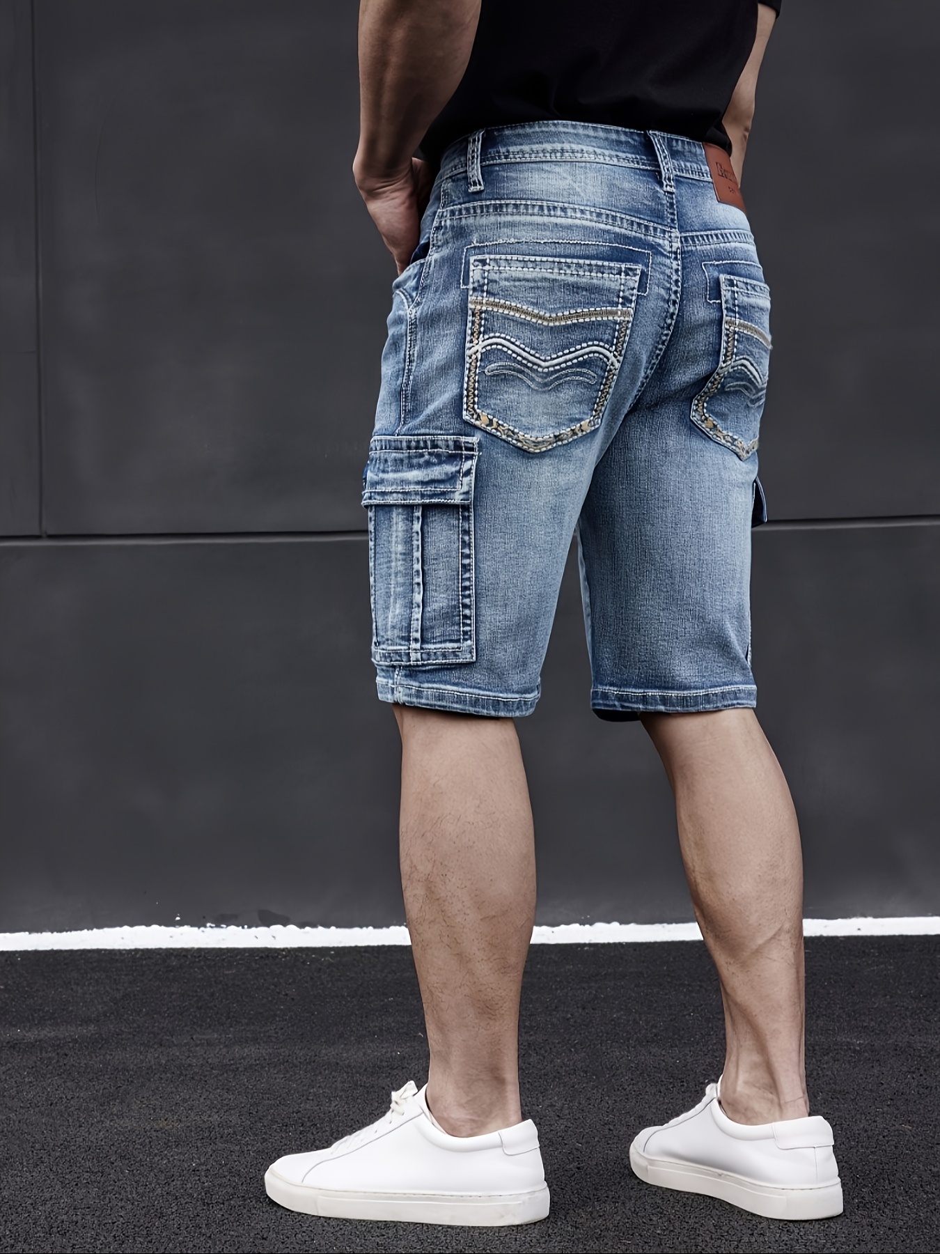 Men's Thick Thread Embroidery Classic Multi-pocket Elastic Denim Shorts
