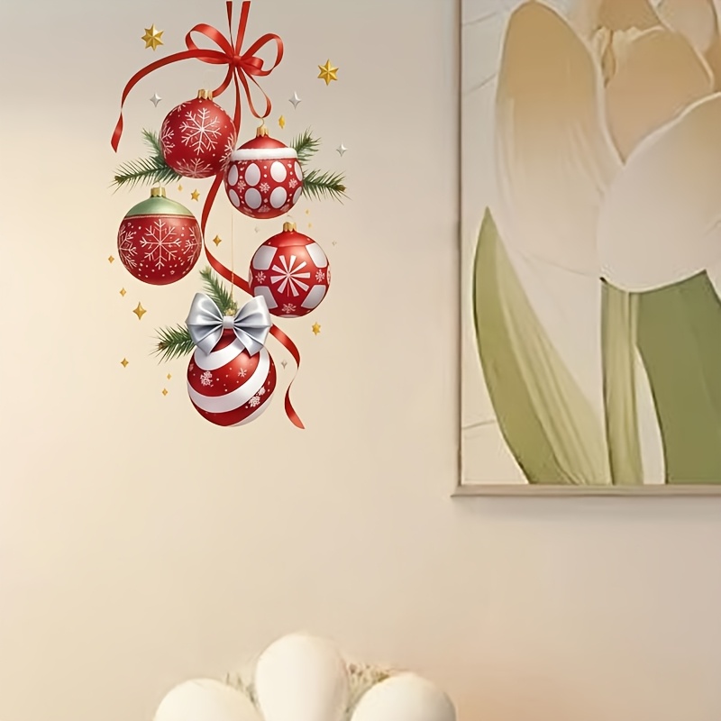 TEMU 1 pièce Autocollant mural amovible et autoadhésif pour décoration de Noël avec nœud en , branche de pin, étoiles dorées et de neige - Matériau