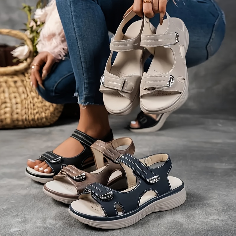 Women's Sandals Black, High-Quality PU Material with Adjustable Strap, Comfortable Thick Sole Summer Vacation Style, Beige/Black/Navy Beach Wear | Durable Synthetic Cover Shoes