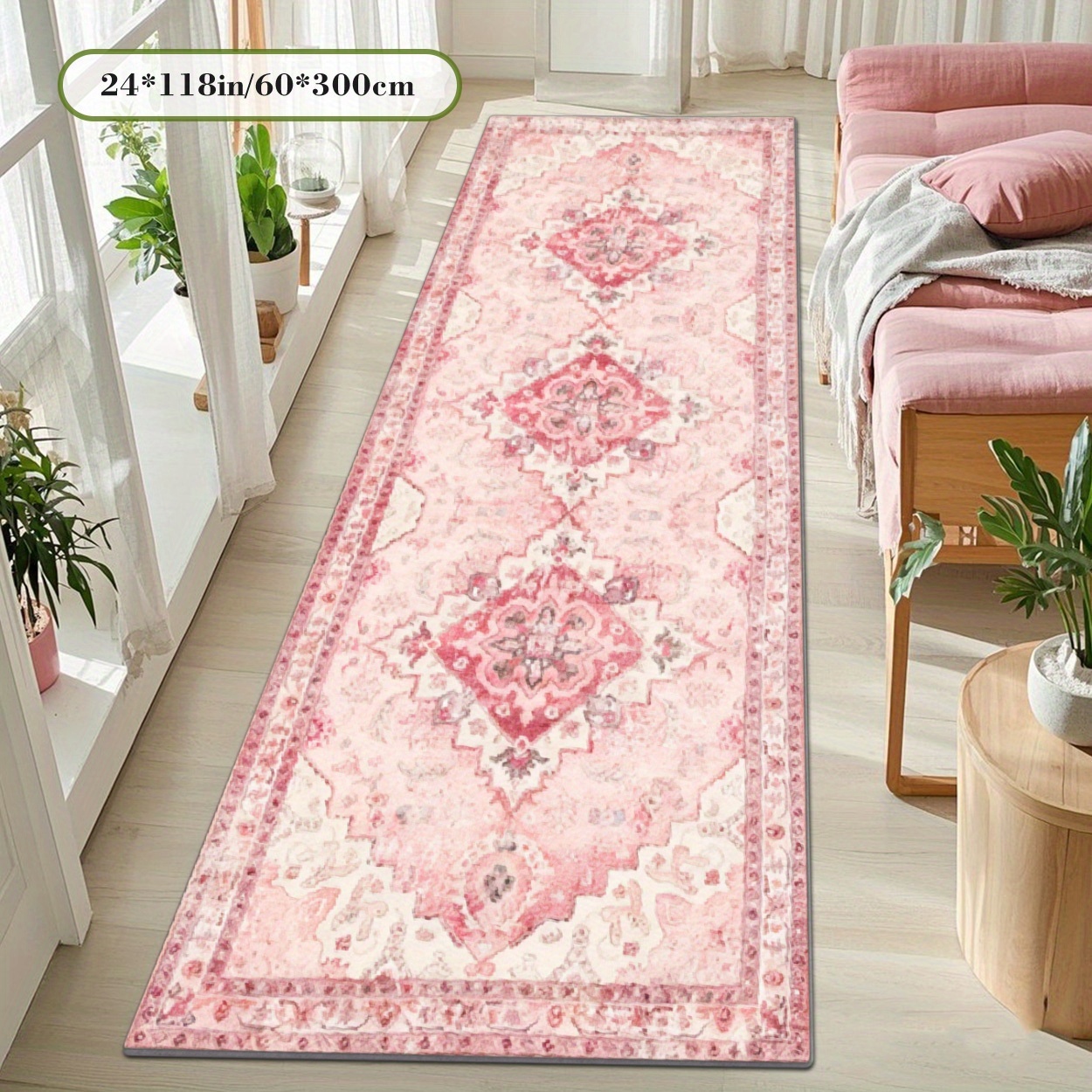 TEMU Zulida Large Persian-style Mat - Red Beige Pink White Rhombus Pattern Extra-long Runner Mat, Soft For Hallway, Living Room, Bedroom, Durable Mat