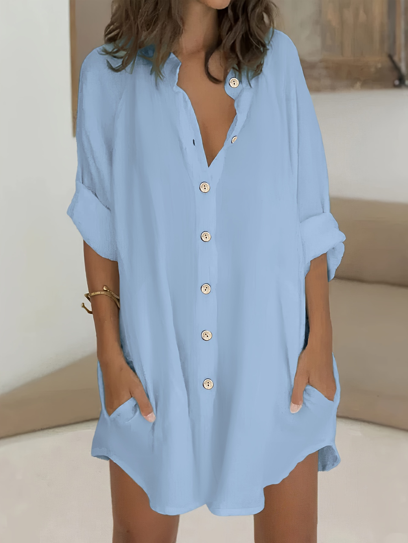 plus size plus size womens plus size loose fitting solid color shirt with a small stand collar and rolled sleeves featuring pockets