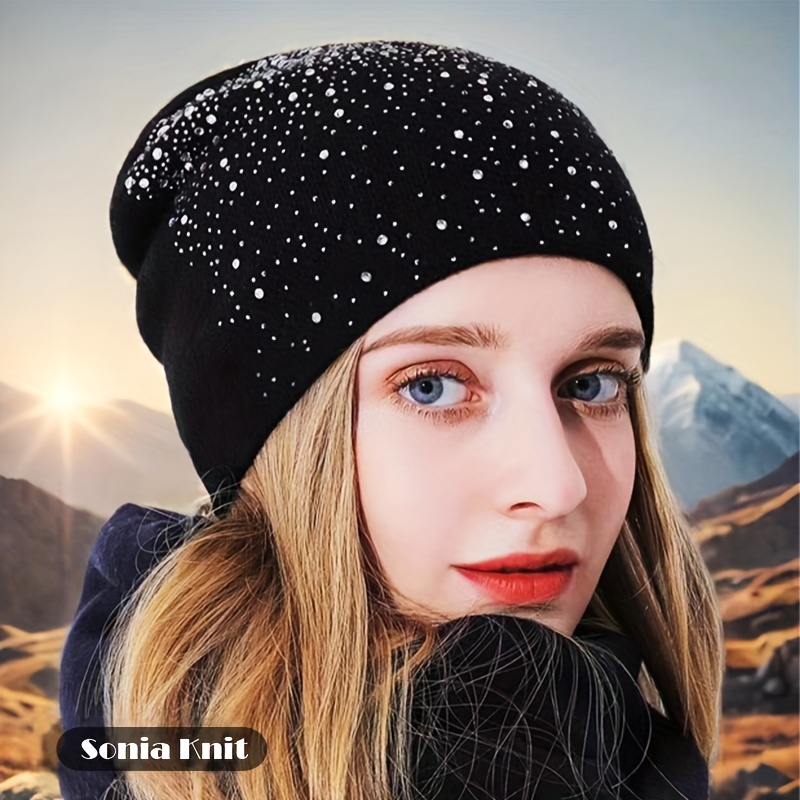 

Chic -embellished Beanie For Women - Breathable, Stretchy Knit Winter Hat With Starry Night Design, Hand-washable, Fashionable Skull Cap For Autumn & Winter