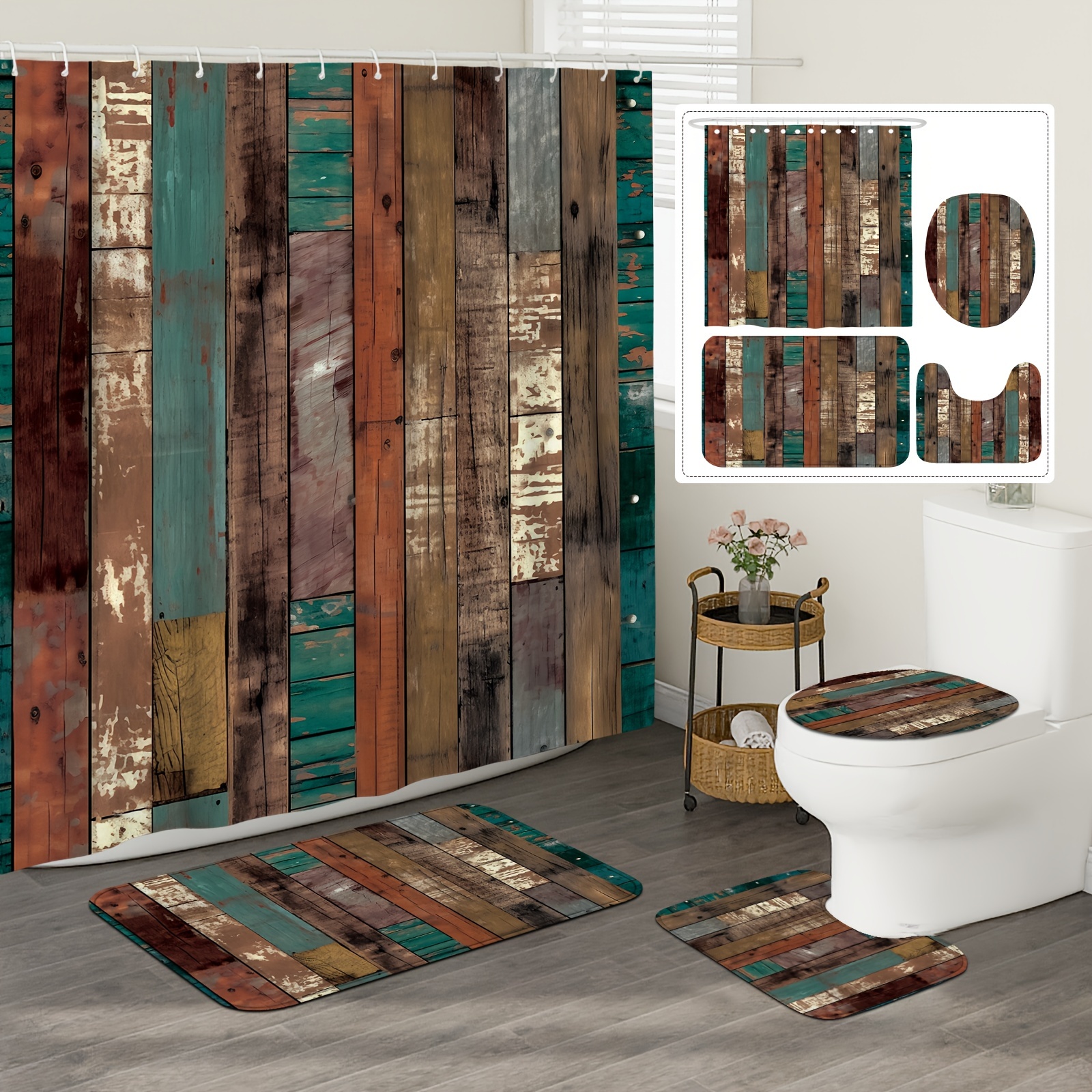 

Curtain Set - 4pcs, Wooden Plank & Bathroom Divider, , Includes Hanging Accessories, Decorative Bathtub