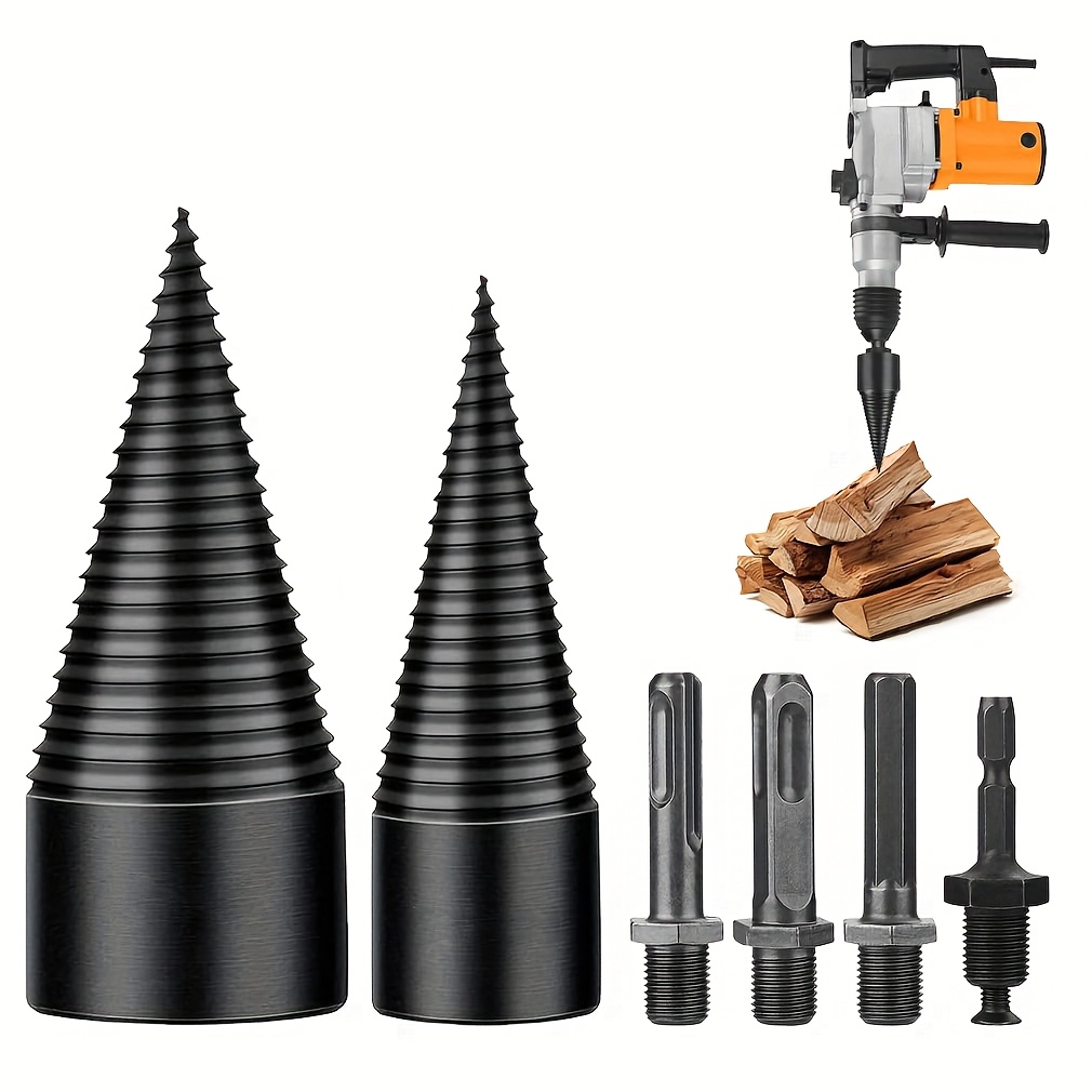 

2pcs Chentuopo Heavy-duty Log Splitter Drill Bit Set, 42mm & 32mm Wood Splitting Cone Screw Drills With 4 Bit Attachments, Steel Material, Hex Shank For Effective Firewood Drying And Woodworking