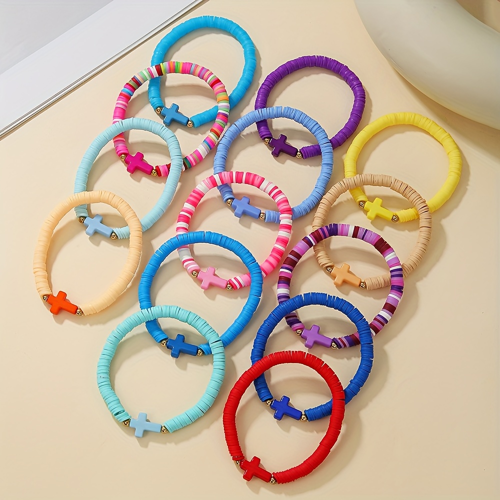 27pcs Easter Cross-Themed Colourful Elastic Clay Bracelet Set