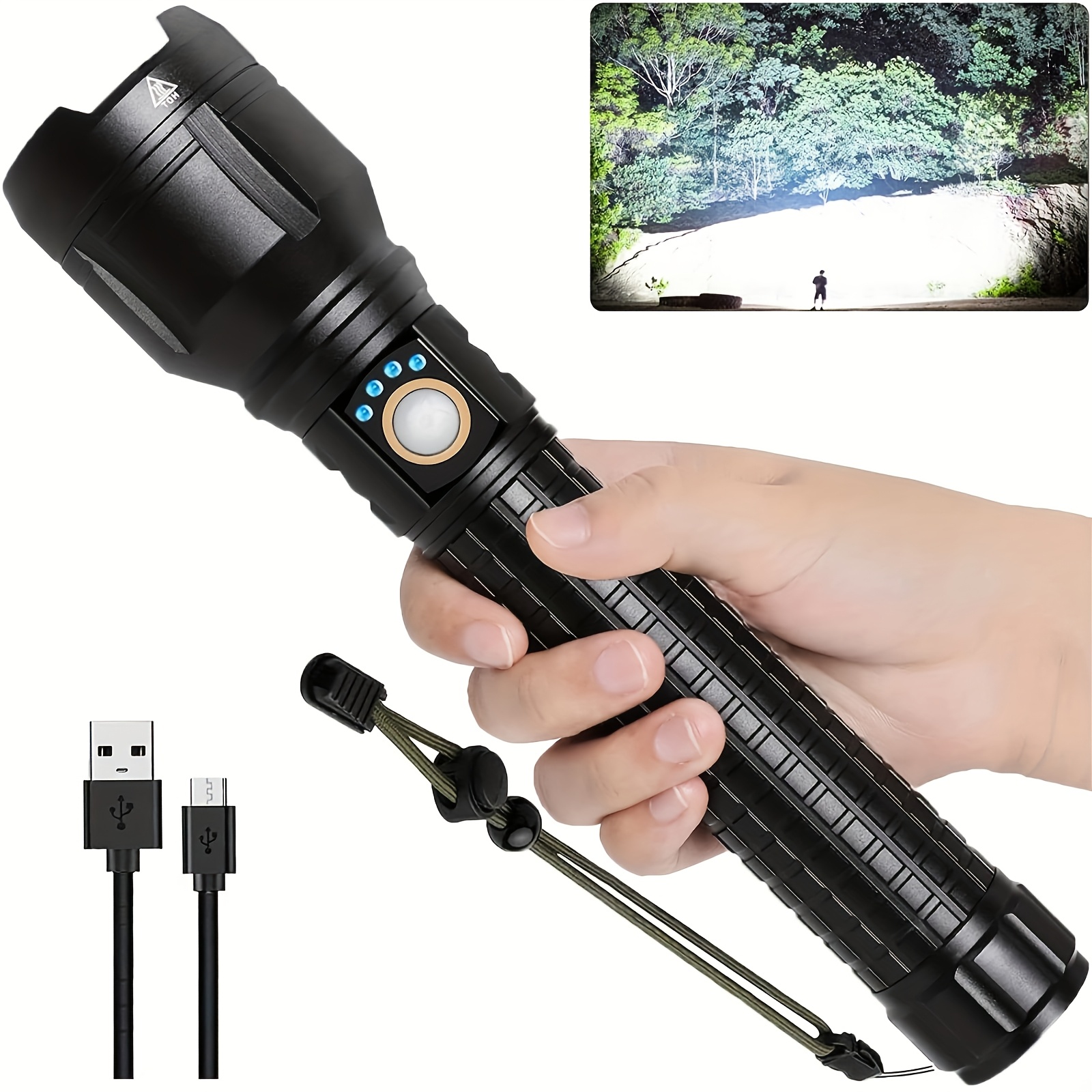 

Rechargeable Led Flashlight - High , 5 Lighting , Long- For Camping, Emergencies, Home & Hunting