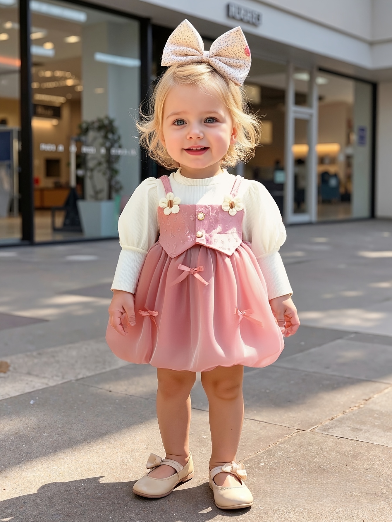 new   for baby girls featuring a faux two piece long sleeve dress with a flower bud design floral embroidery   color and a bow tie button   wedding flower girls Product details 5