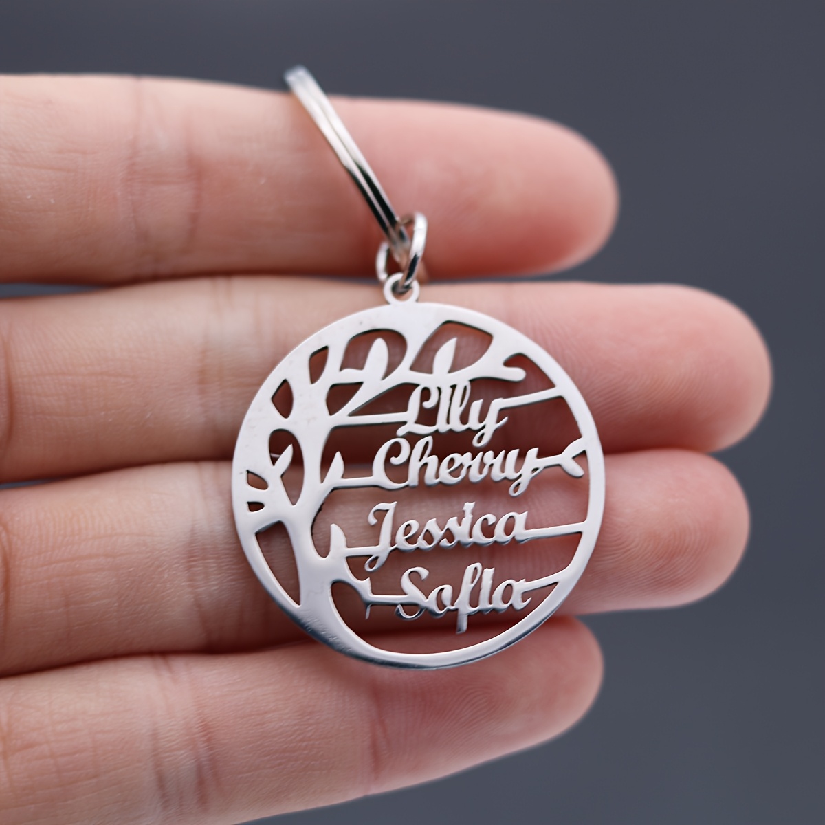 Custom 4 Names Tree Keychain Stainless Steel Family Keyring