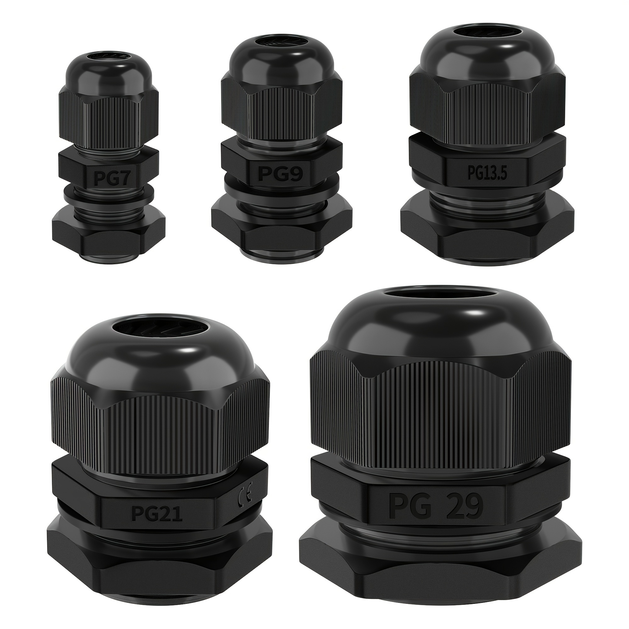 

72pcs Black Color Cable Glands Strain Relief Cord Connector, Grip Cable Pass Through Pg7 1/4" 3/8" 1/2" 3/4" 1" Cable Glands For 3-25mm Cable Diameter