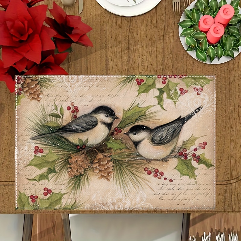 

Christmas Linen Placemats Set Of 4 - Woven Rectangular Table Mats With Birds And Pinecones Pattern, Machine Washable, Festive Flowers Design For Holiday Dining Decor, 12x18 Inches