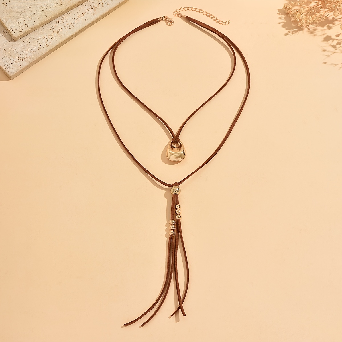 Image of 1pc Boho Western Necklace For Women Brown Suede Cord With Tassel Adjustable Long Pendant Bohemian Beach Jewelry For And Casual Wear
