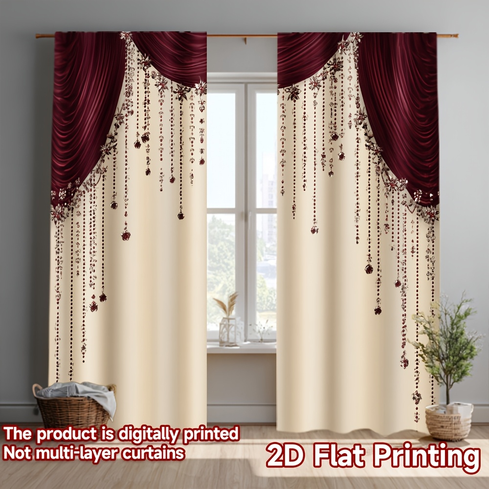 TEMU Plat 2D, [JIT] Lot de 2 rideaux à impression plate 2D, Impression plate 2D, Lot de 2 rideaux Saint-Valentin, Motif de draperie rubis , Tendance,