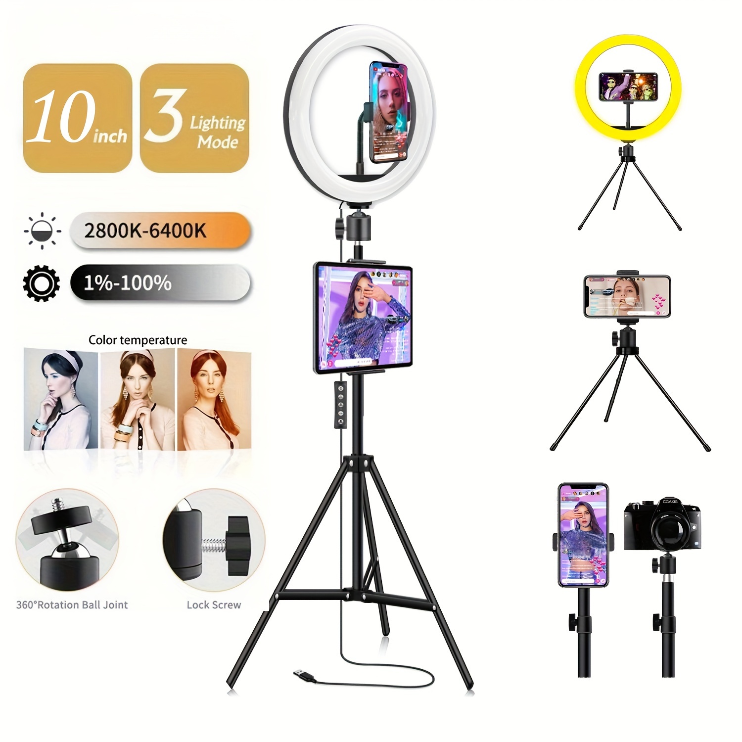

10'' Ring Light With Extendable Tripod Stand, Led Circle Lights With Phone Holder For Live Stream/makeup/ Video/tiktok, Compatible With All Phones, Ipads