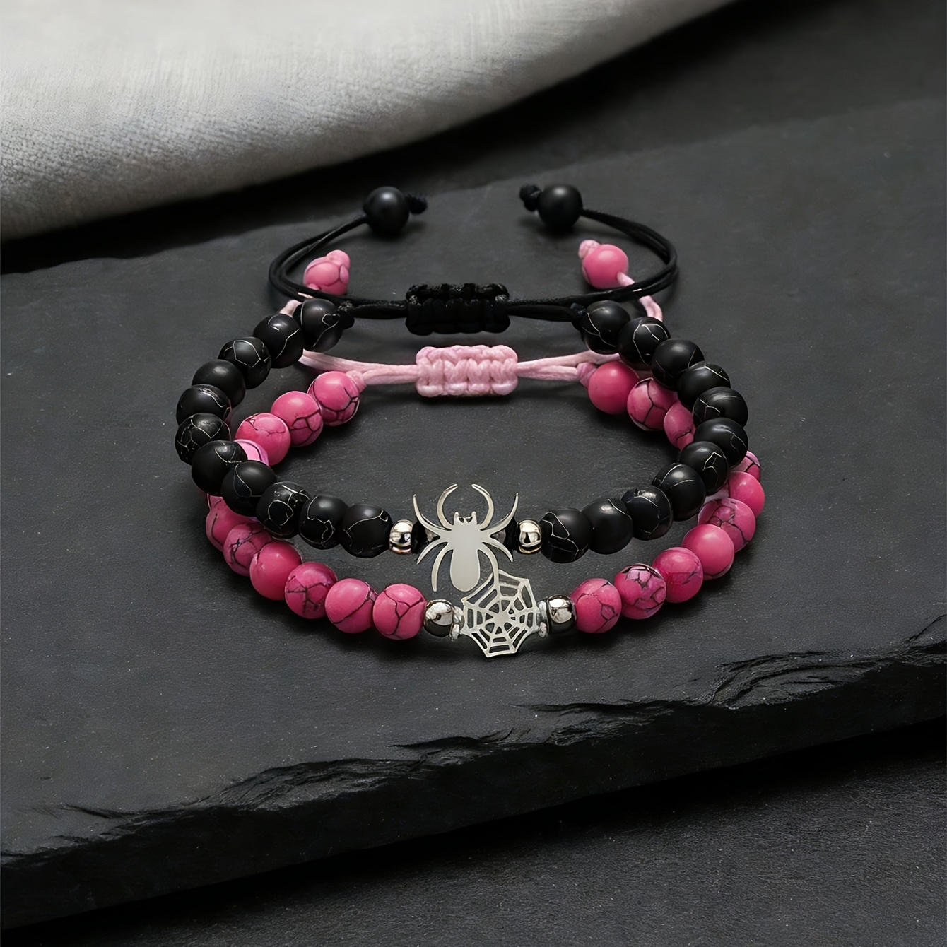 TEMU 2pcs Matching Spider Web Bracelets For Couples Men Women, Natural Stone Black White Beaded Bracelets, Y2k Goth Punk Friendship Jewelry, Birthday