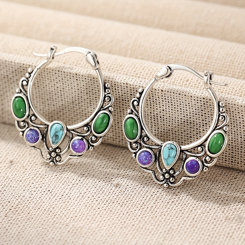 Women's Silvery Color Synthetic Turquoise Stud Hoop Earrings