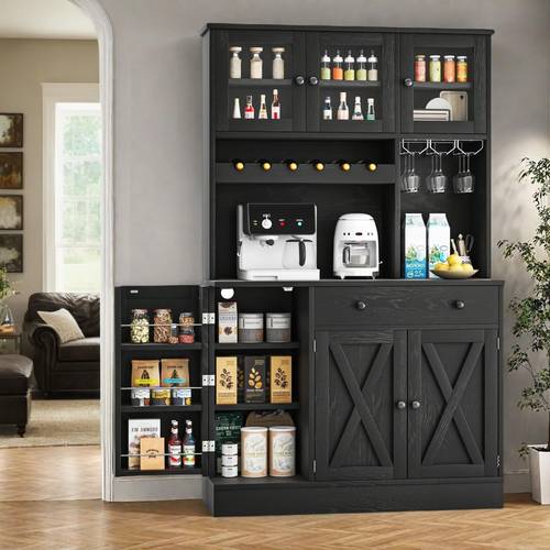71 tall black kitchen pantry cabinet with power outlet stylish storage solution featuring doors shelves drawer wine rack organizing kitchen or living room essentials pantry organization modern kitchen cabinet metal construction kitchen organizers and storage