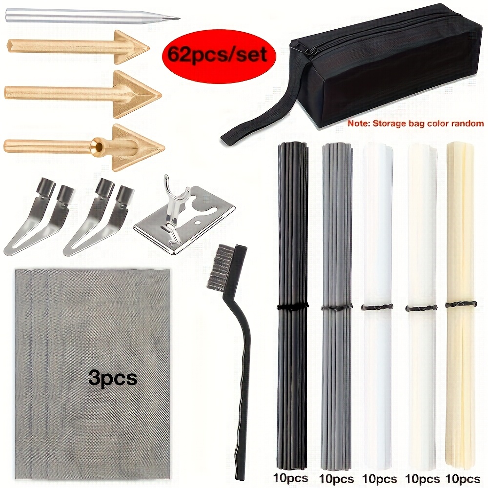E-shop 62-teiliges/Set Kunststoff Schweißzusatz-Set ABS/PP/PVC/PE Multi-Material Schweißstäbe, Aufbewahrungstasche, Reparaturnetz und Schweißgerät