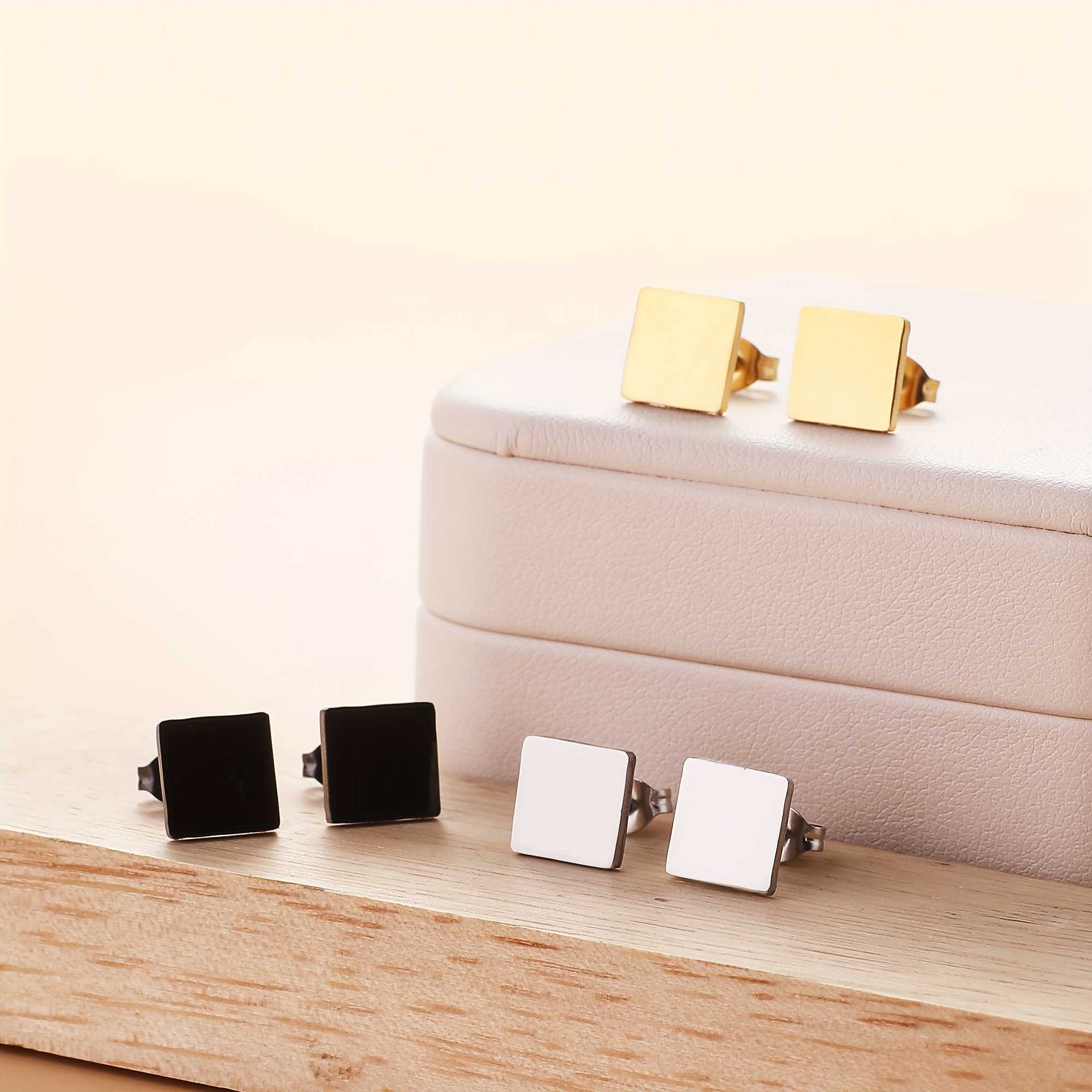 3 Pairs Of 3-color 6pcs Stainless Steel Hypoallergenic Square-shaped Everyday Wear Women's Earrings