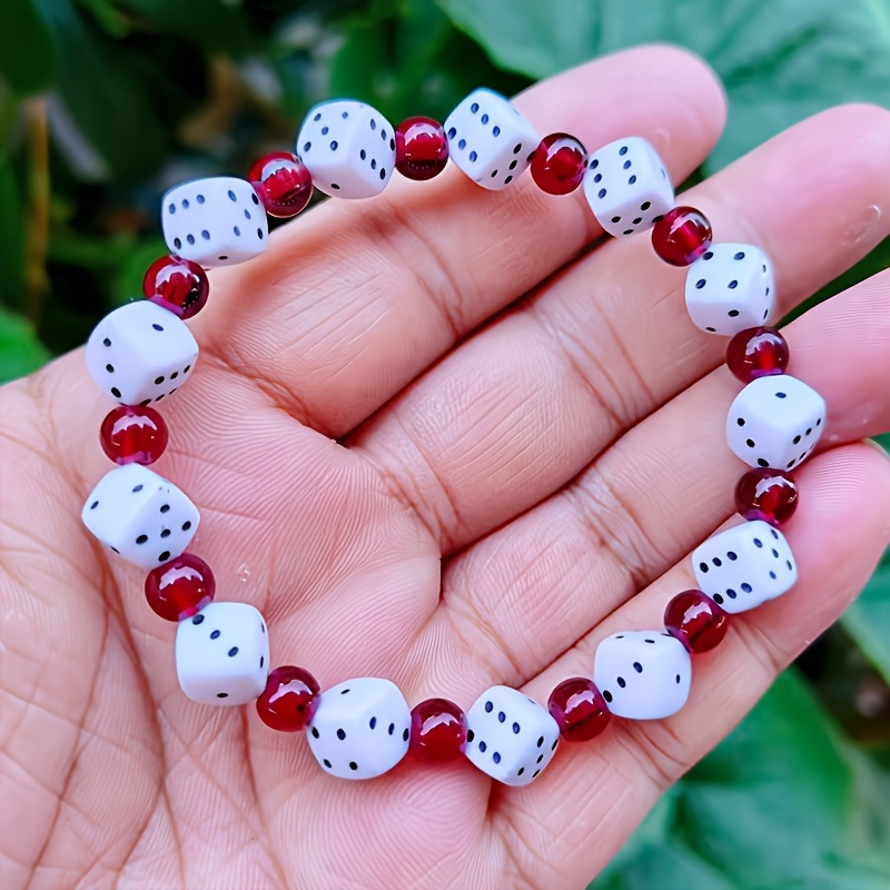 Women's Fashion Bracelet - Personalized Bracelet With Acrylic Dice And Garnet - Hip-hop Style Trendy Wristwear, Suitable For Daily Wear And Holiday Parties